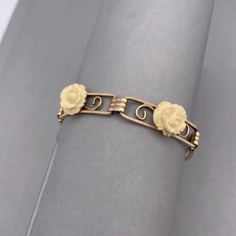 Vintage Amco 14k Gold Filled Celluloid Rose Five Panel Bracelet - Picture 4 of 8